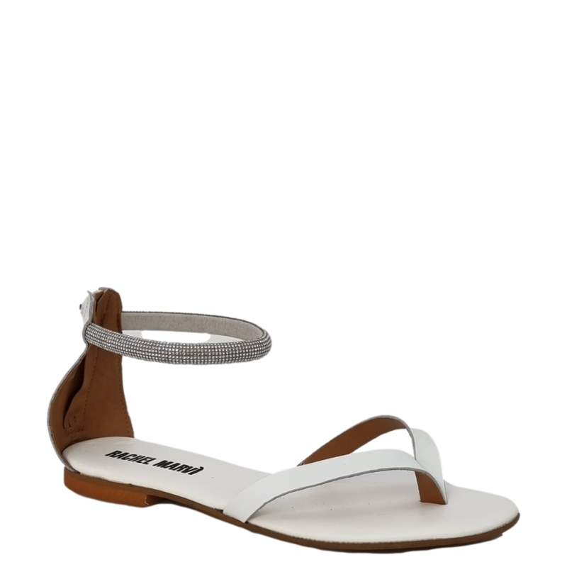Sandali infradito pelle bianco con cinturino strass alla caviglia