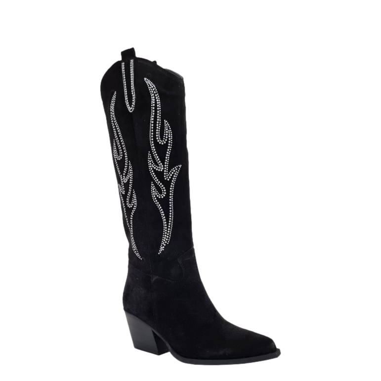 Stivali texani con strass alti al ginocchio camoscio nero F W