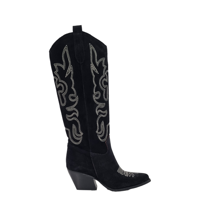 Stivali texani alti al ginocchio ricamo croce in camoscio nero