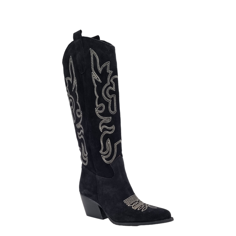 Stivali texani alti al ginocchio ricamo croce in camoscio nero
