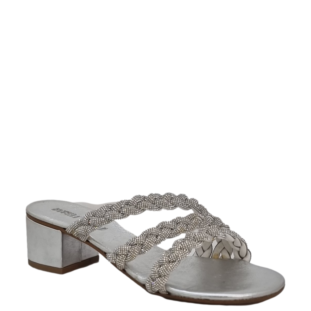 Sandali eleganti argento con tacco basso e comodo