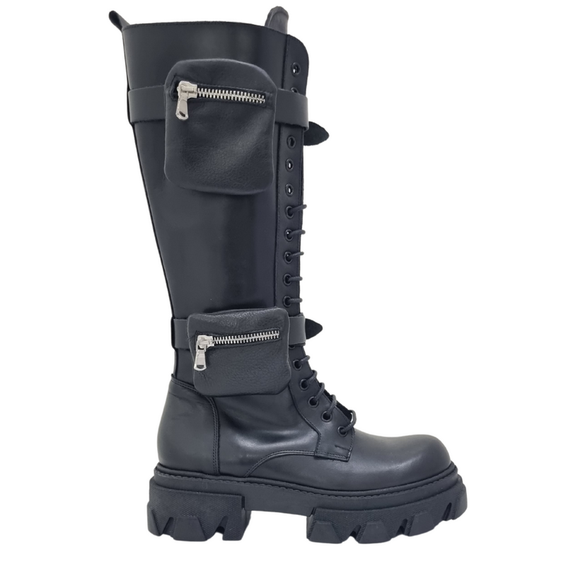 Stivali alti bikers fondo alto e taschini neri Rachelmarvi