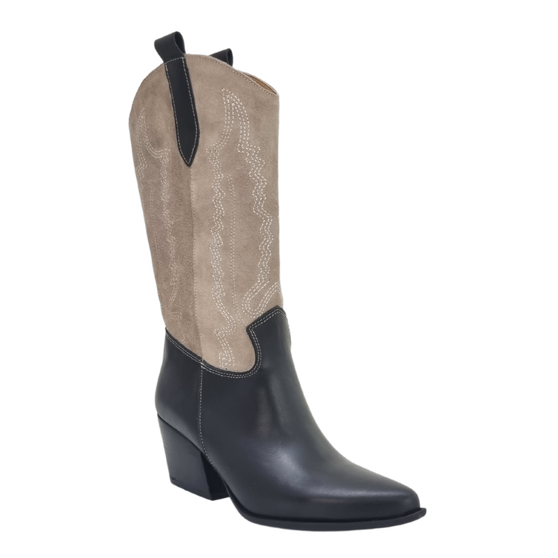 Stivali texani bicolore nero e tortora vera pelle made in italy