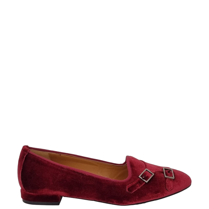 Ballerine a due fibbie in velluto bordeaux con tacco basso F/W