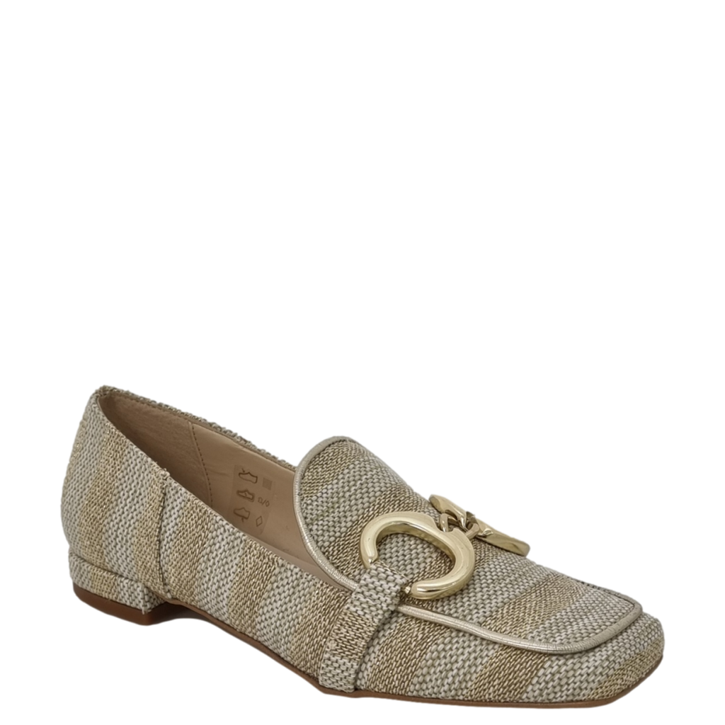 Mocassini rafia beige oro con tacco basso punta quadrata e accessorio