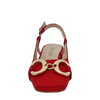 Mocassini raso rosso con tacco basso punta quadrata e accessorio oro
