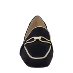 Mocassini neri con tacco basso punta semi quadrata e accessorio oro