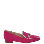 Mocassini fuxia con tacco basso punta semi quadrata e accessorio silver