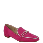 Mocassini fuxia con tacco basso punta semi quadrata e accessorio silver