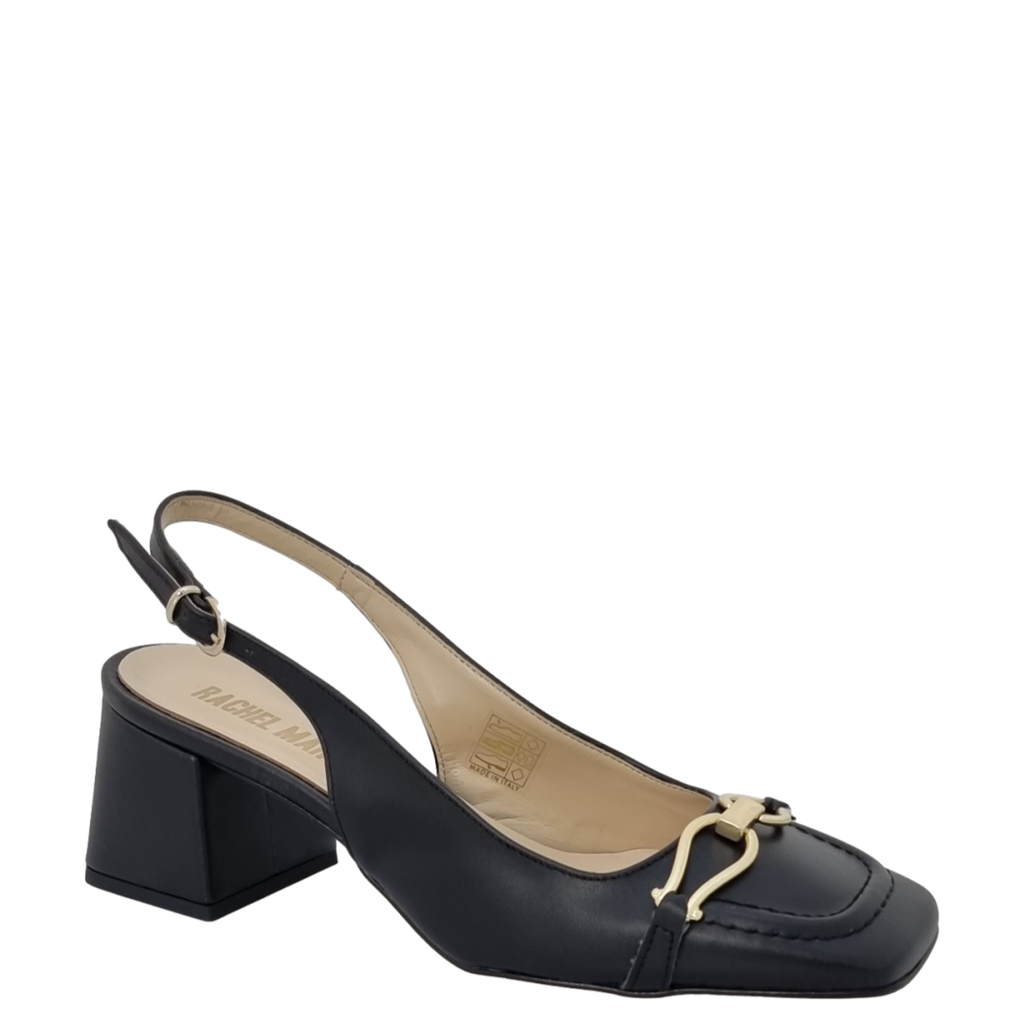 Décolleté neri punta quadrata a mocassino con tacco e accessorio oro
