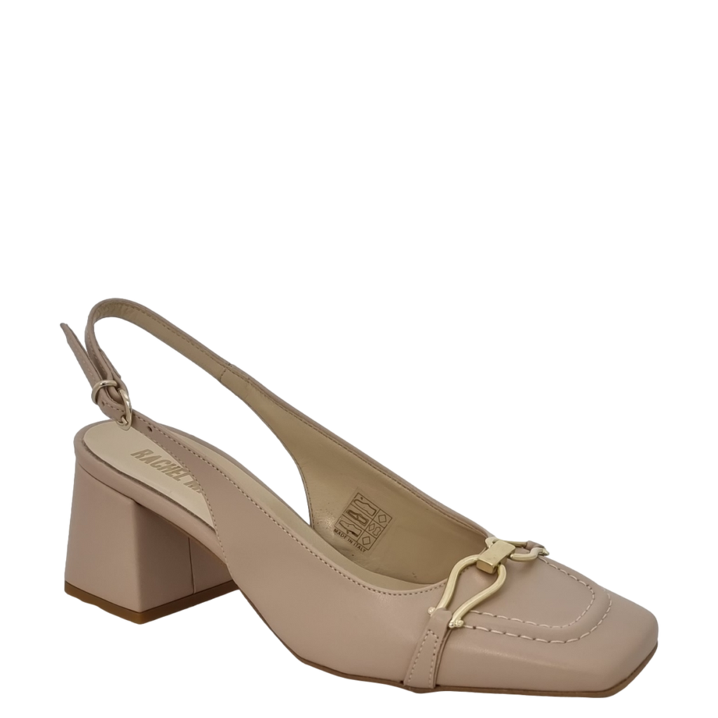 Décolleté cipria punta quadrata a mocassino con tacco e accessorio oro