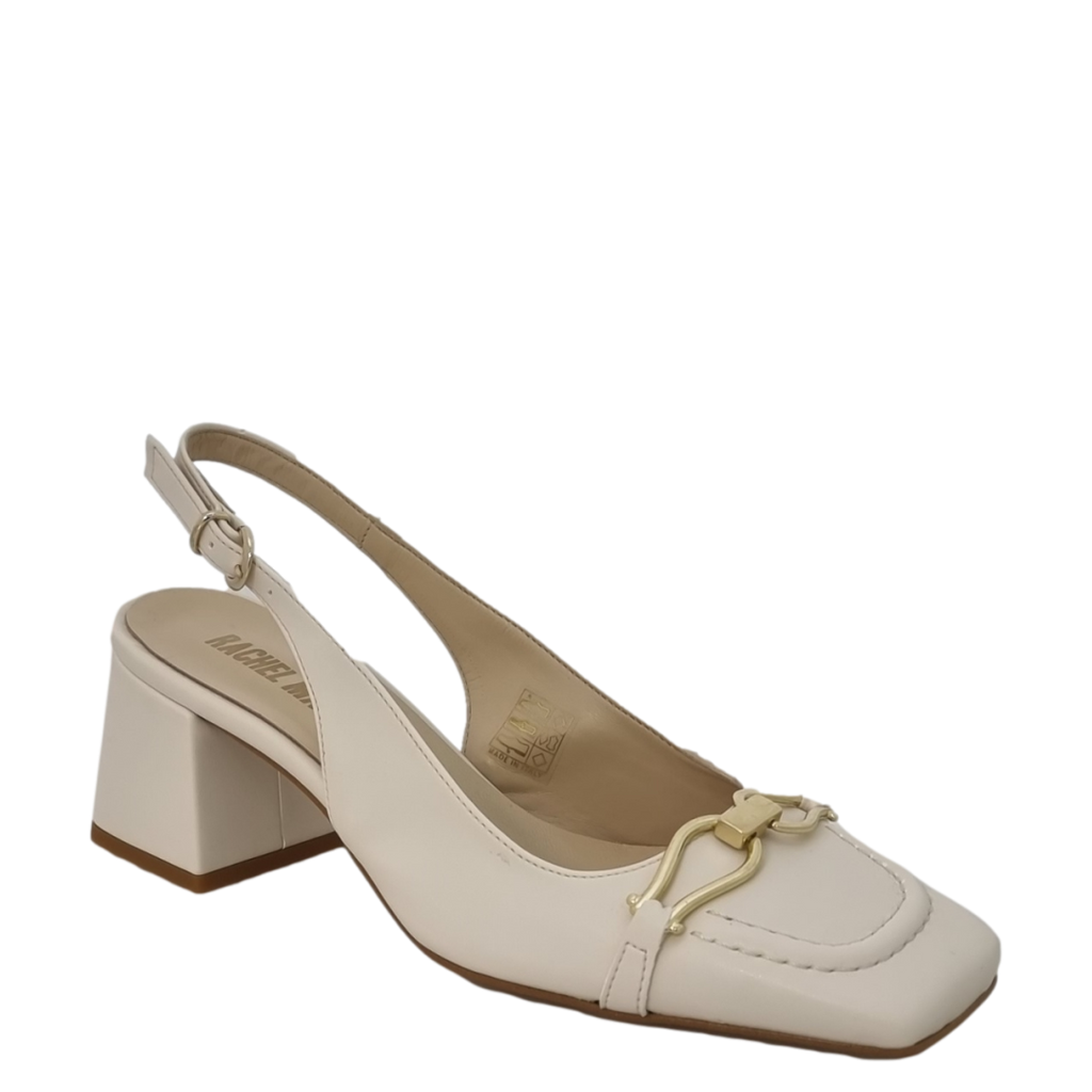 Décolleté panna punta quadrata a mocassino con tacco e accessorio oro