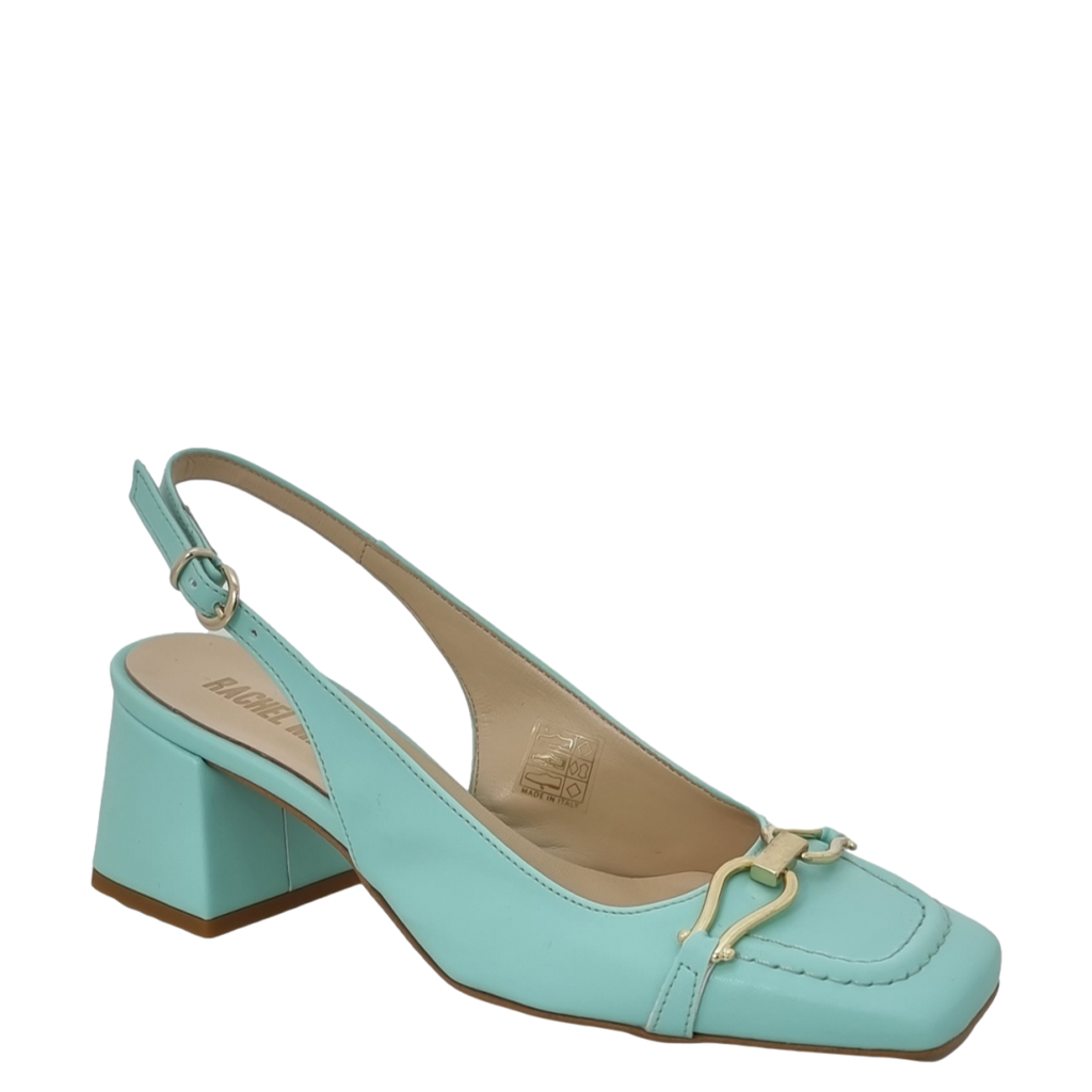 Décolleté verde punta quadrata a mocassino con tacco e accessorio oro