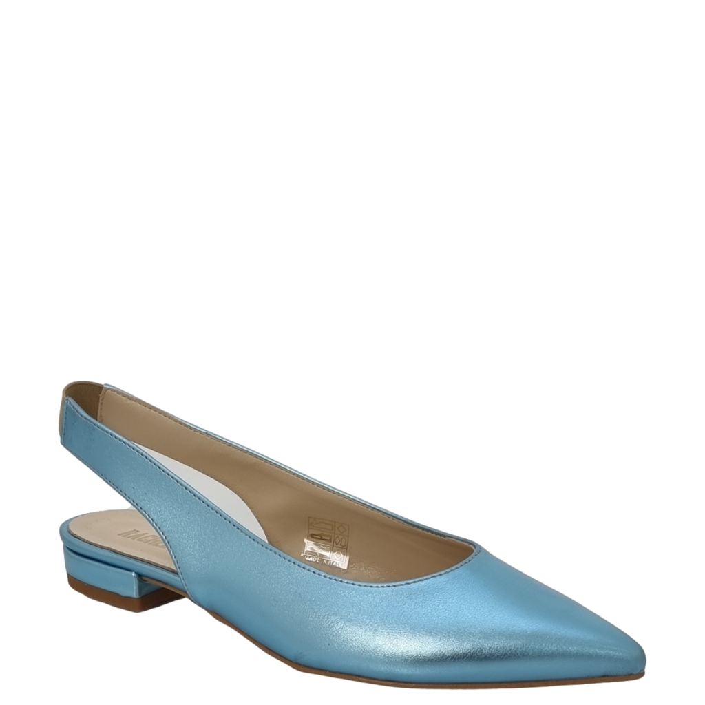 Ballerine a punta in laminato celeste con tacco basso