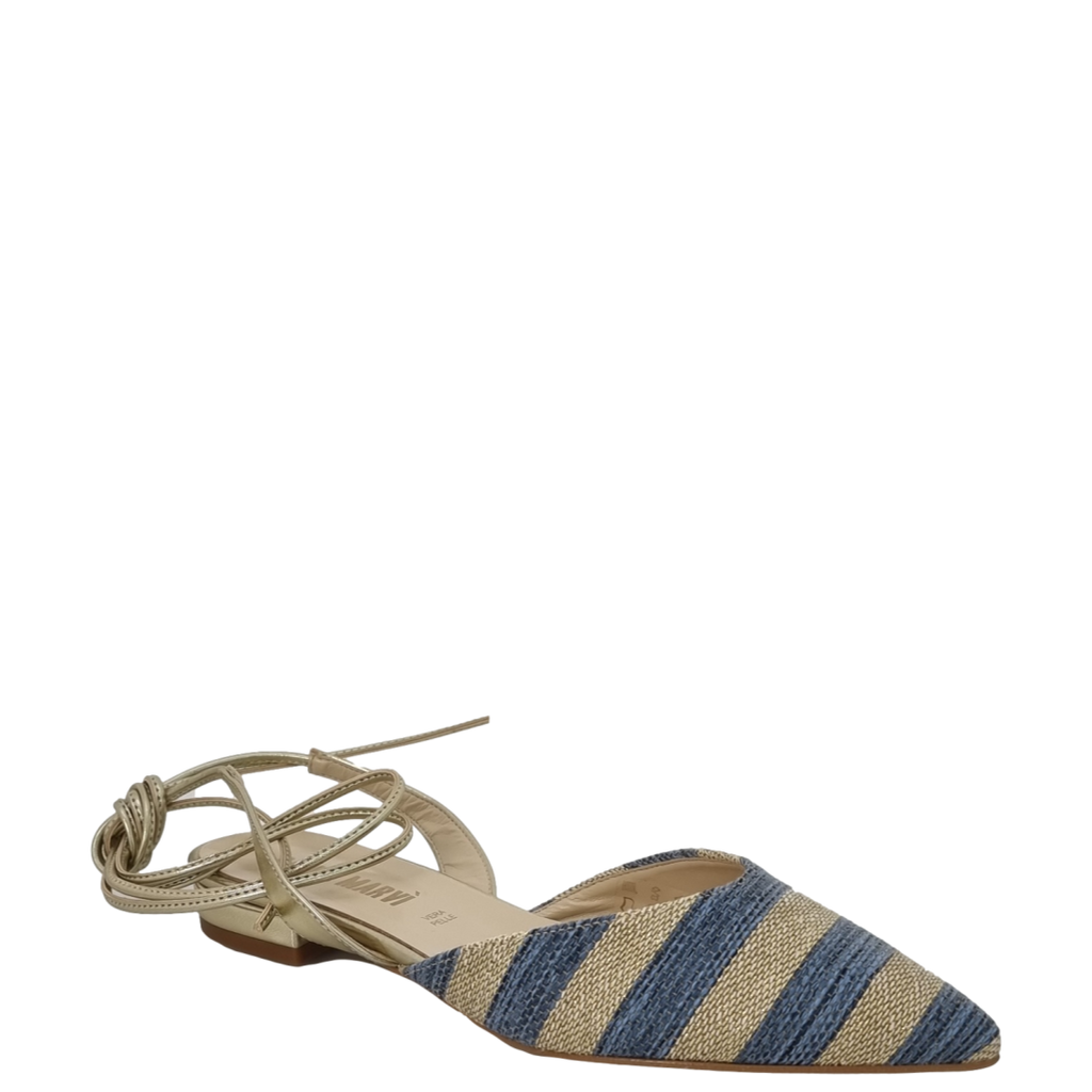 Ballerine a punta in rafia celeste oro con laccetti alla schiava