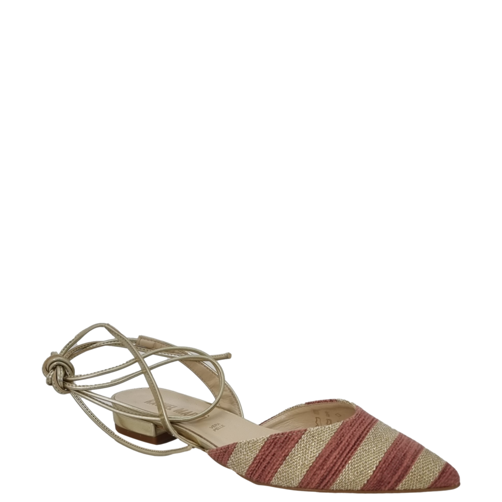 Ballerine a punta in rafia cipria oro con laccetti alla schiava