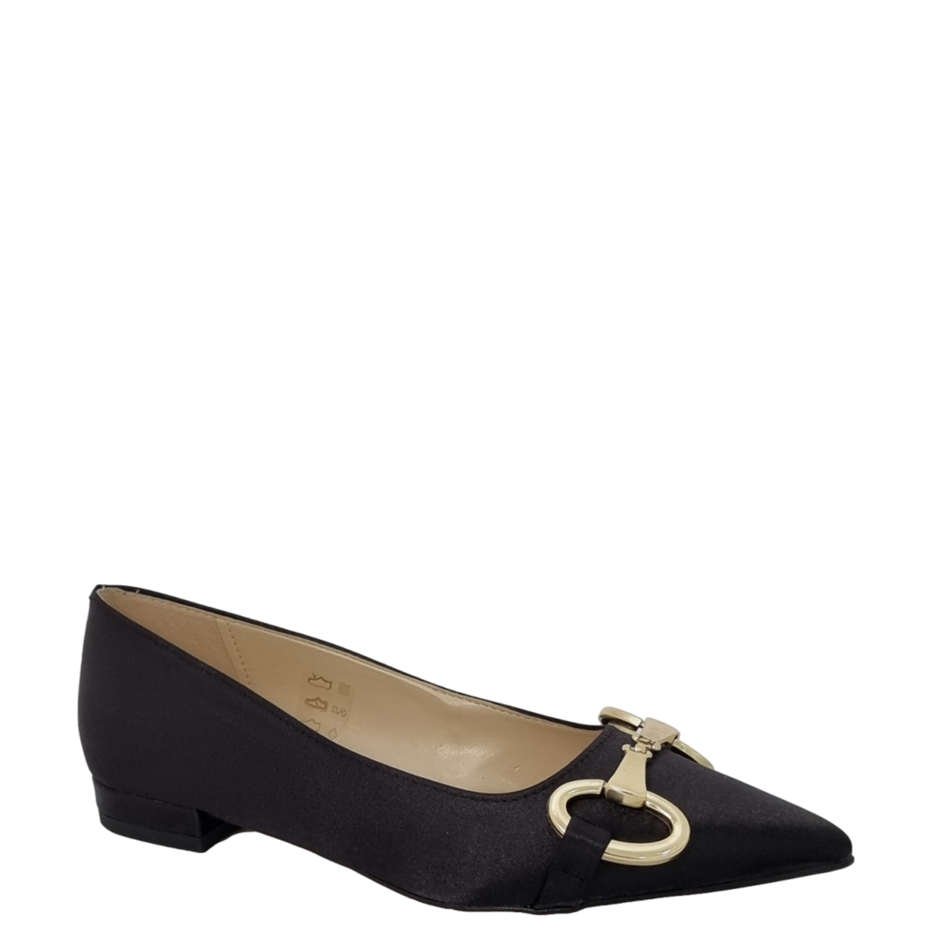 Ballerine a punta in raso nero con accessorio oro