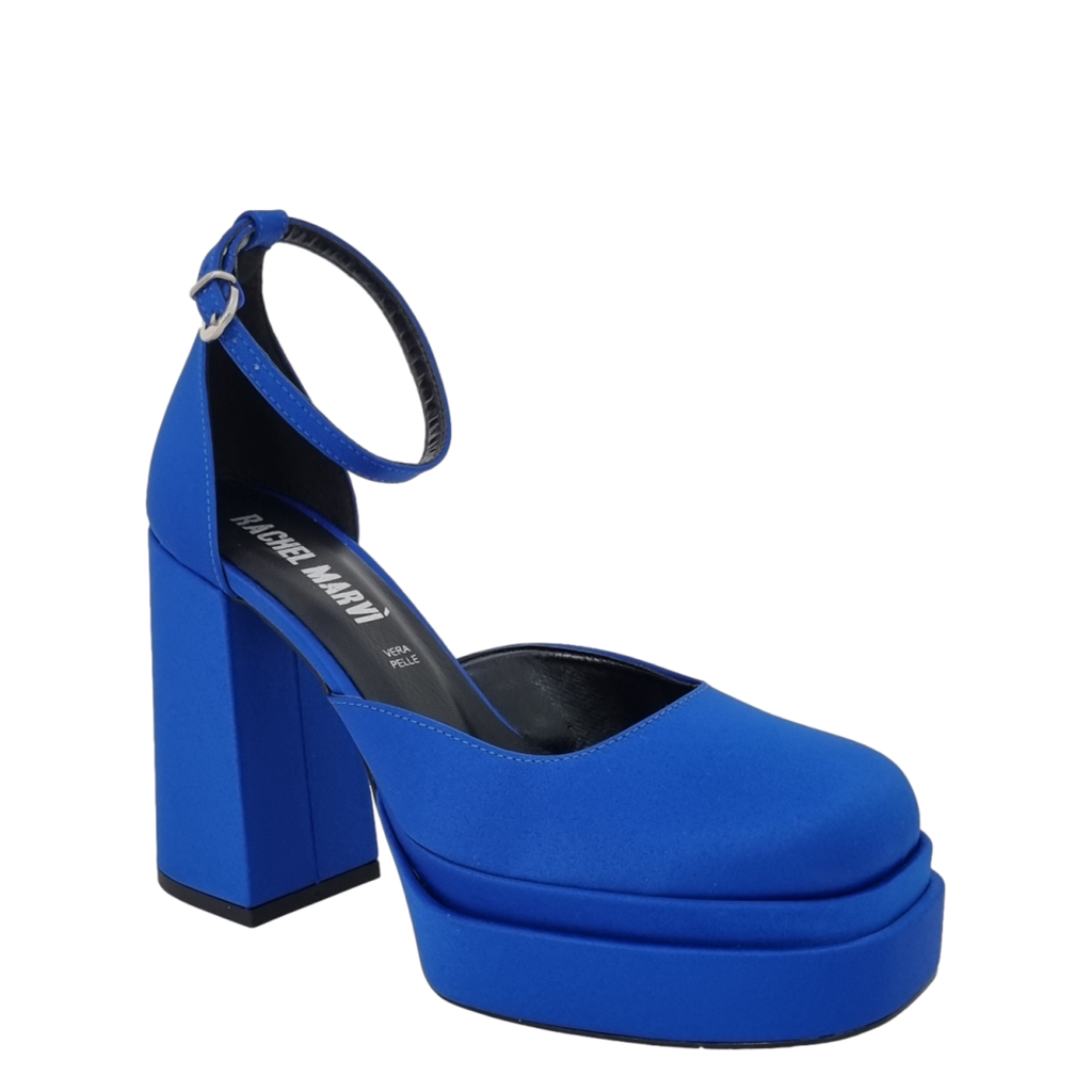 Decoltè raso bluette con tacco alto e plateau made in italy S/S