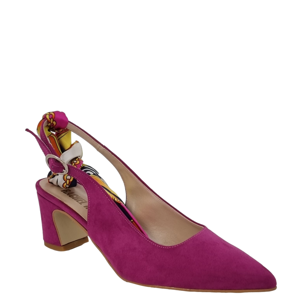 Décolleté chanel fuxia con foulard e tacco a rocchetto