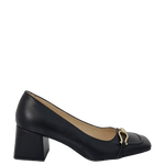Décolleté neri punta quadrata a mocassino con tacco e accessorio oro