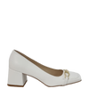 Décolleté bianchi punta quadrata a mocassino con tacco e accessorio oro