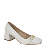 Décolleté bianchi punta quadrata a mocassino con tacco e accessorio oro