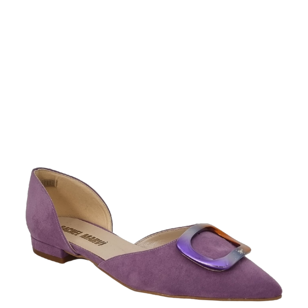 Ballerine viola a punta aperte ai lati con accessorio multicolor
