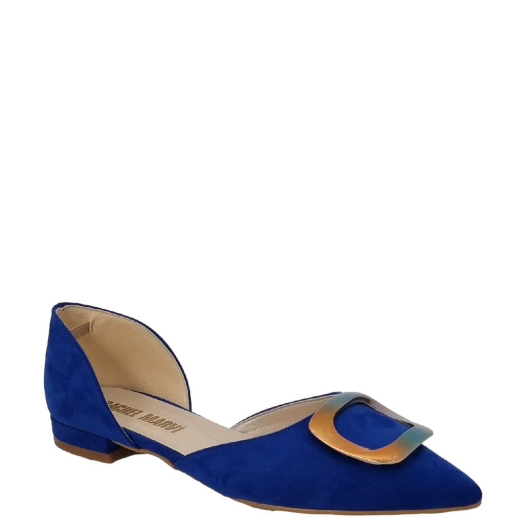 Ballerine bluette a punta aperte ai lati con accessorio multicolor