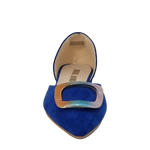 Ballerine bluette a punta aperte ai lati con accessorio multicolor