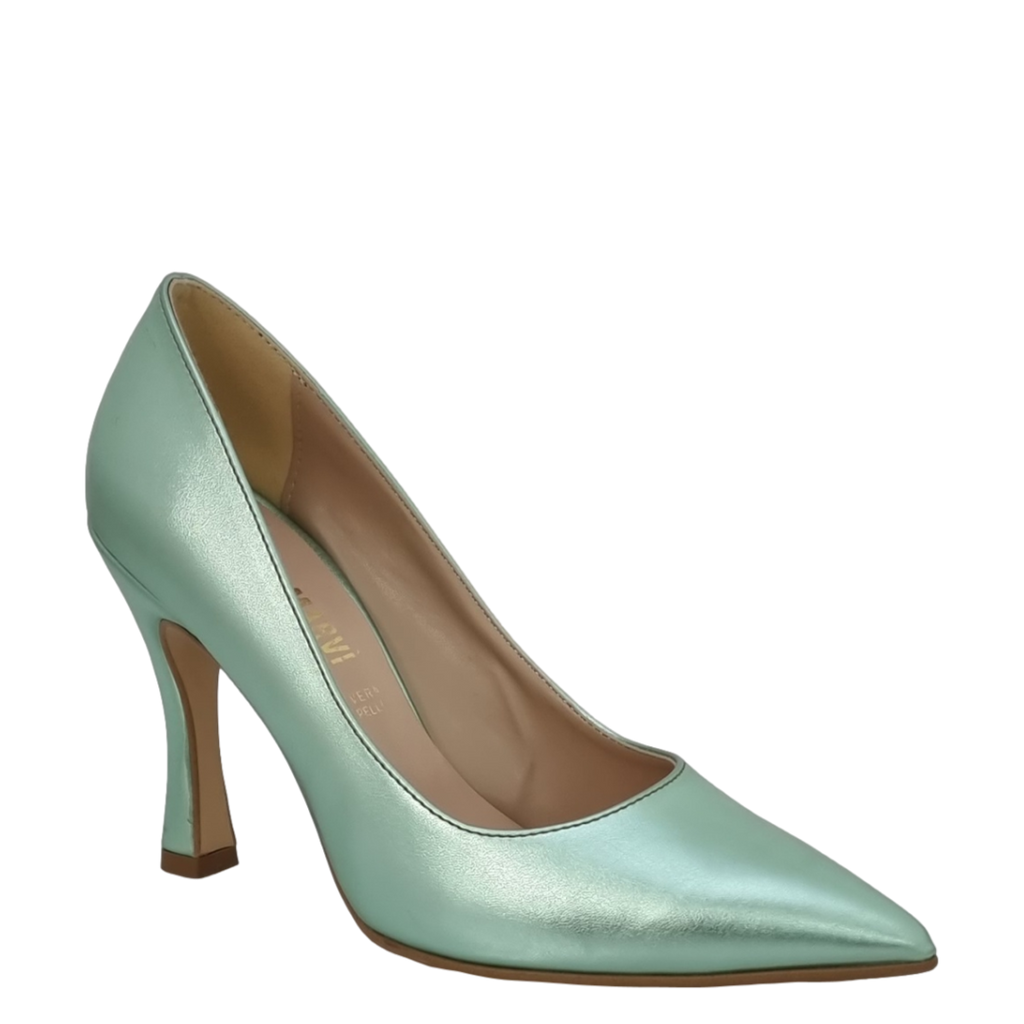 Décolleté laminato verde con tacco alto