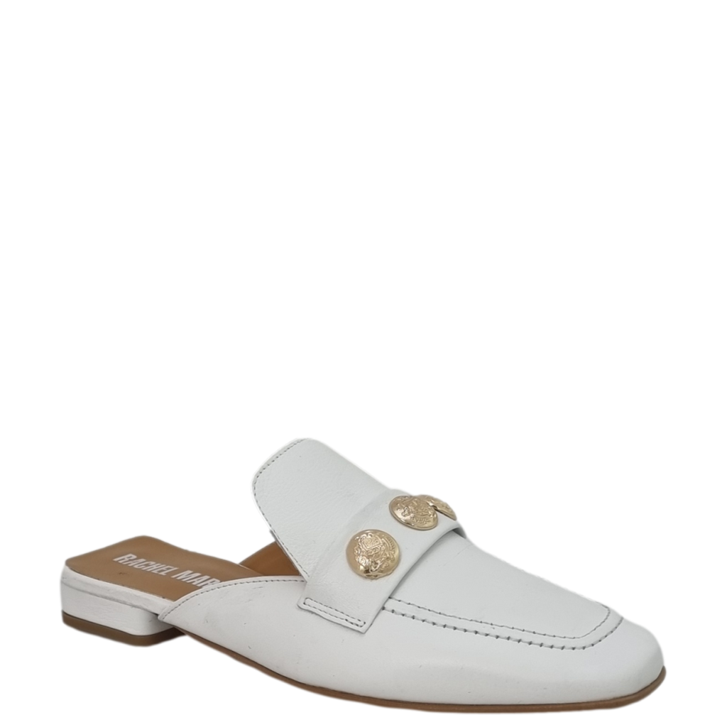 Mules bianche a punta quadrata con accessorio oro