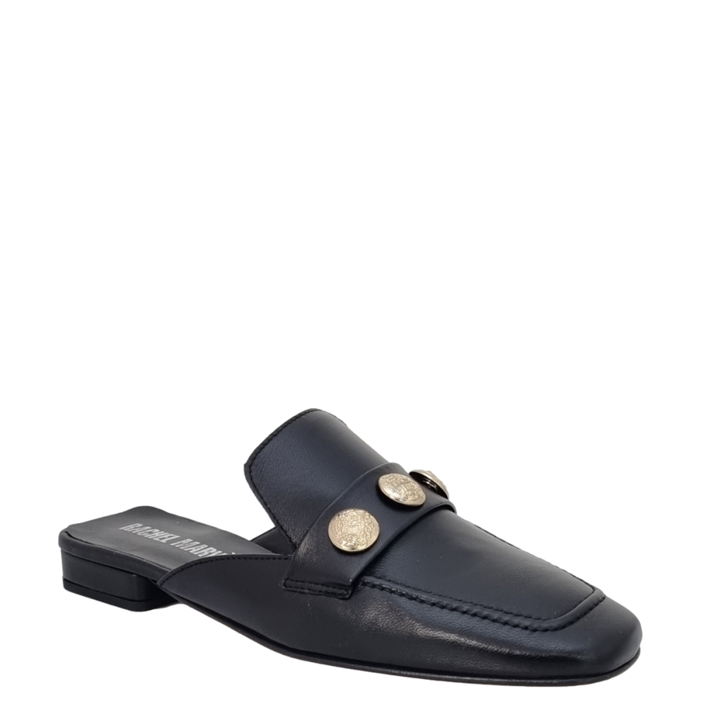 Mules nere a punta quadrata con accessorio oro