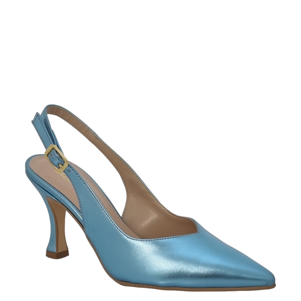 Décolleté chanel laminato celeste con tacco medio