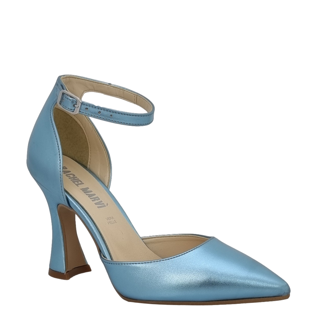 Décolleté punta e tallone in laminato celeste con tacco a rocchetto