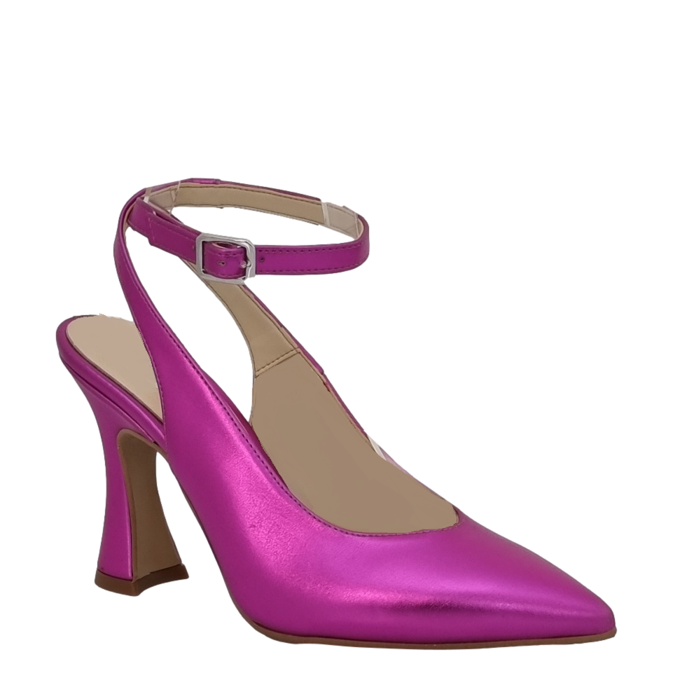 Décolleté chanel laminato fuxia con tacco a rocchetto