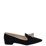 Ballerine a punta camoscio nero con nappine