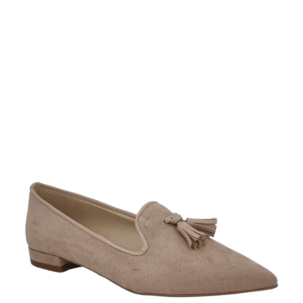 Ballerine a punta camoscio beige con nappine