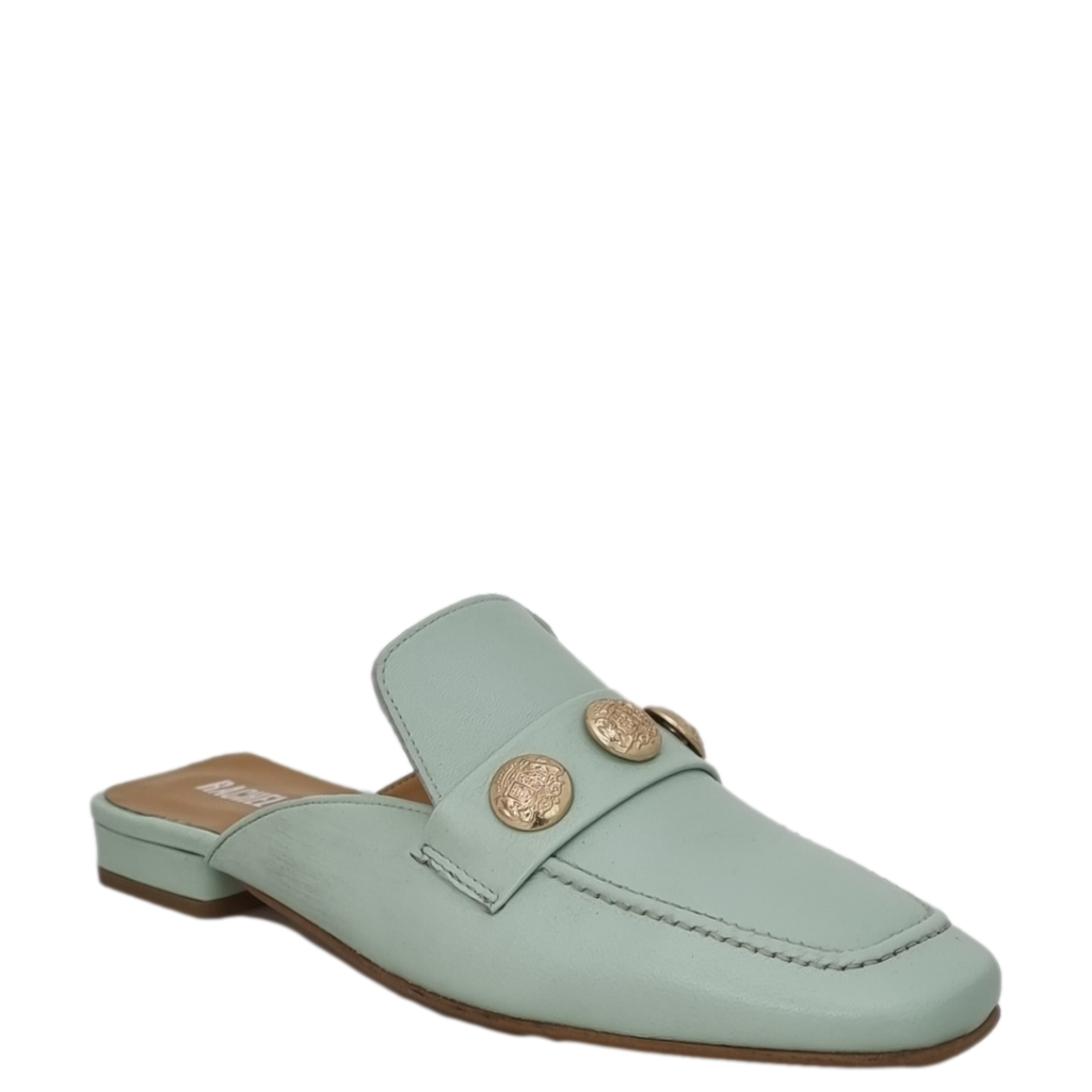 Mules verde a punta quadrata con accessorio oro