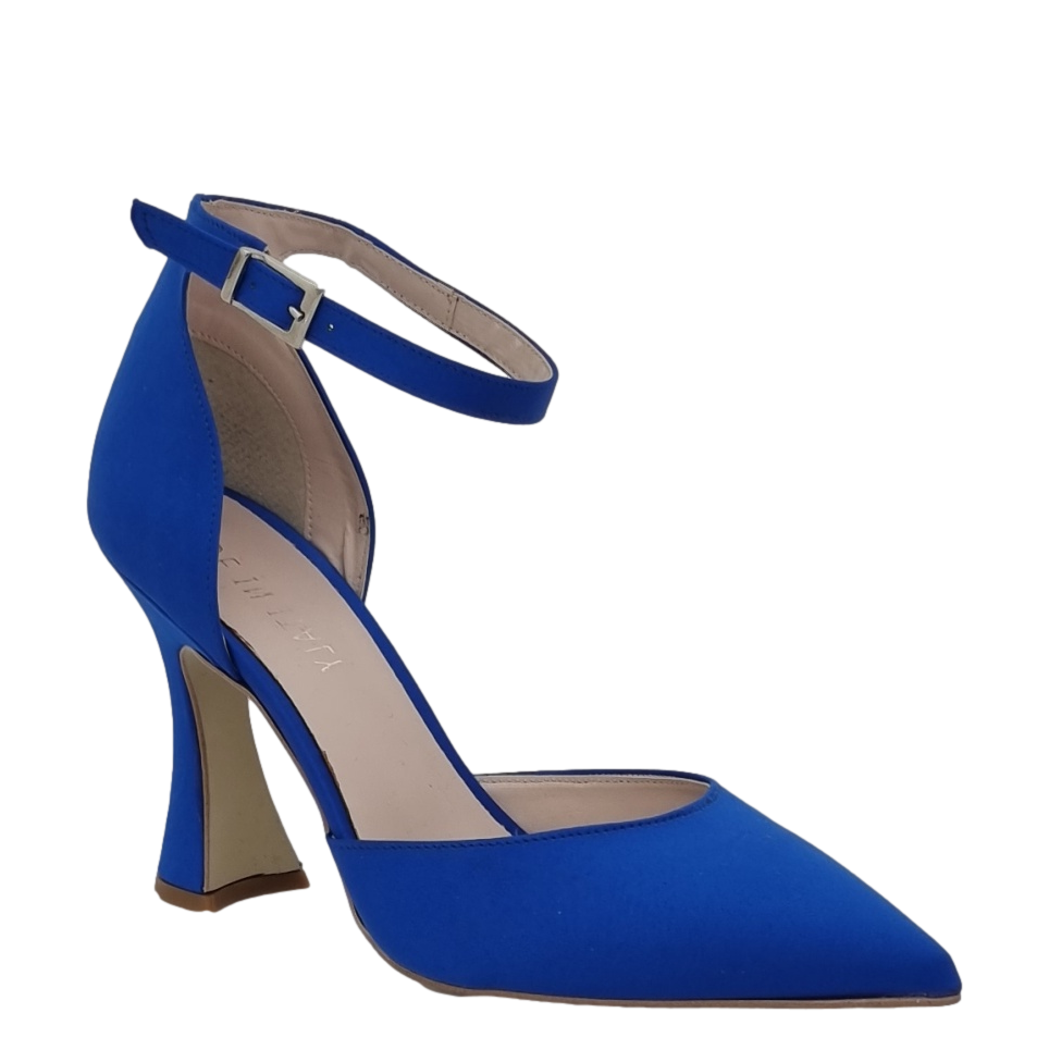 Décolleté punta e tallone in raso bluette con tacco a rocchetto