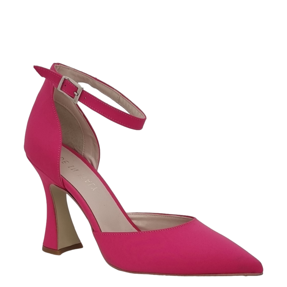 Décolleté punta e tallone in raso fuxia con tacco a rocchetto
