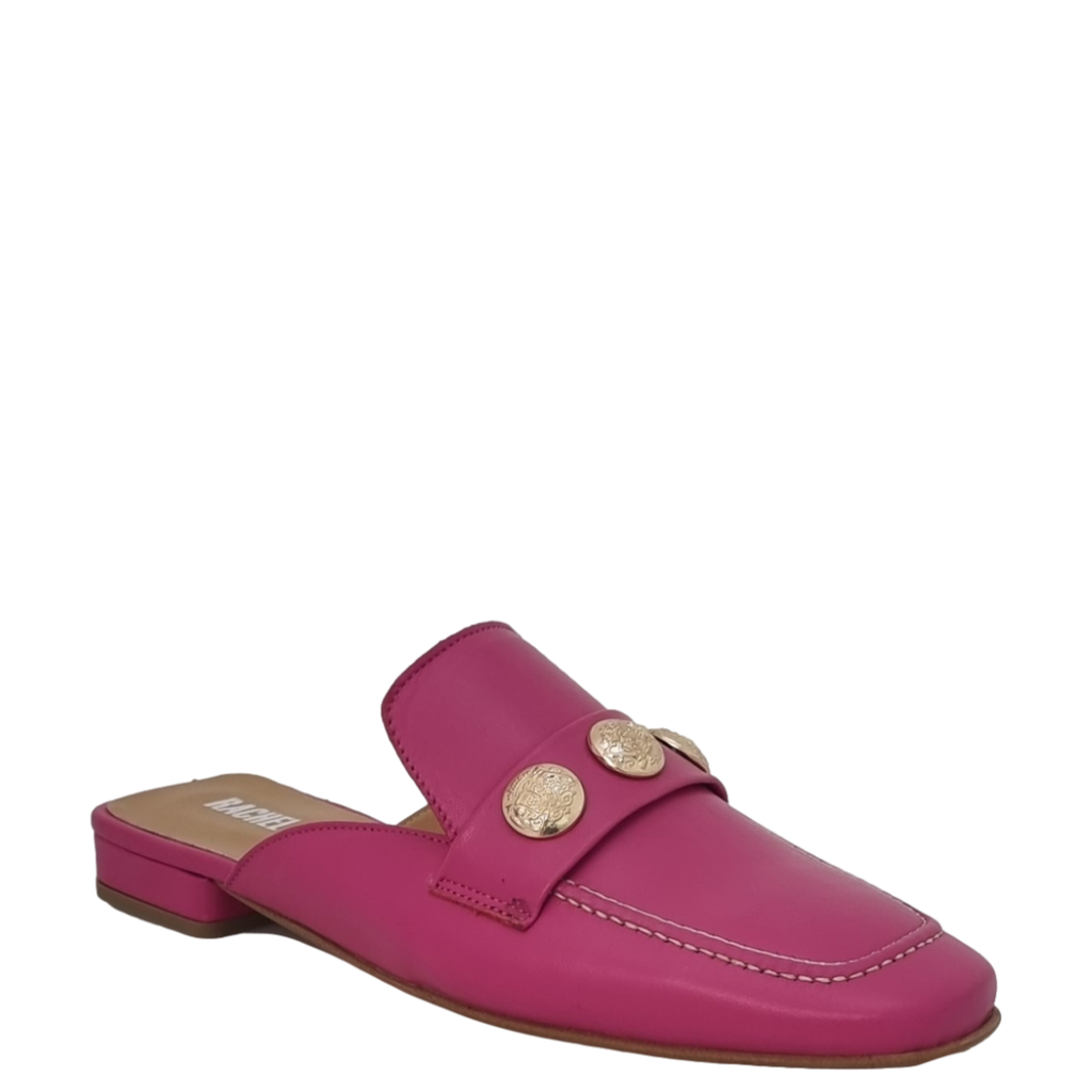 Mules fuxia a punta quadrata con accessorio oro