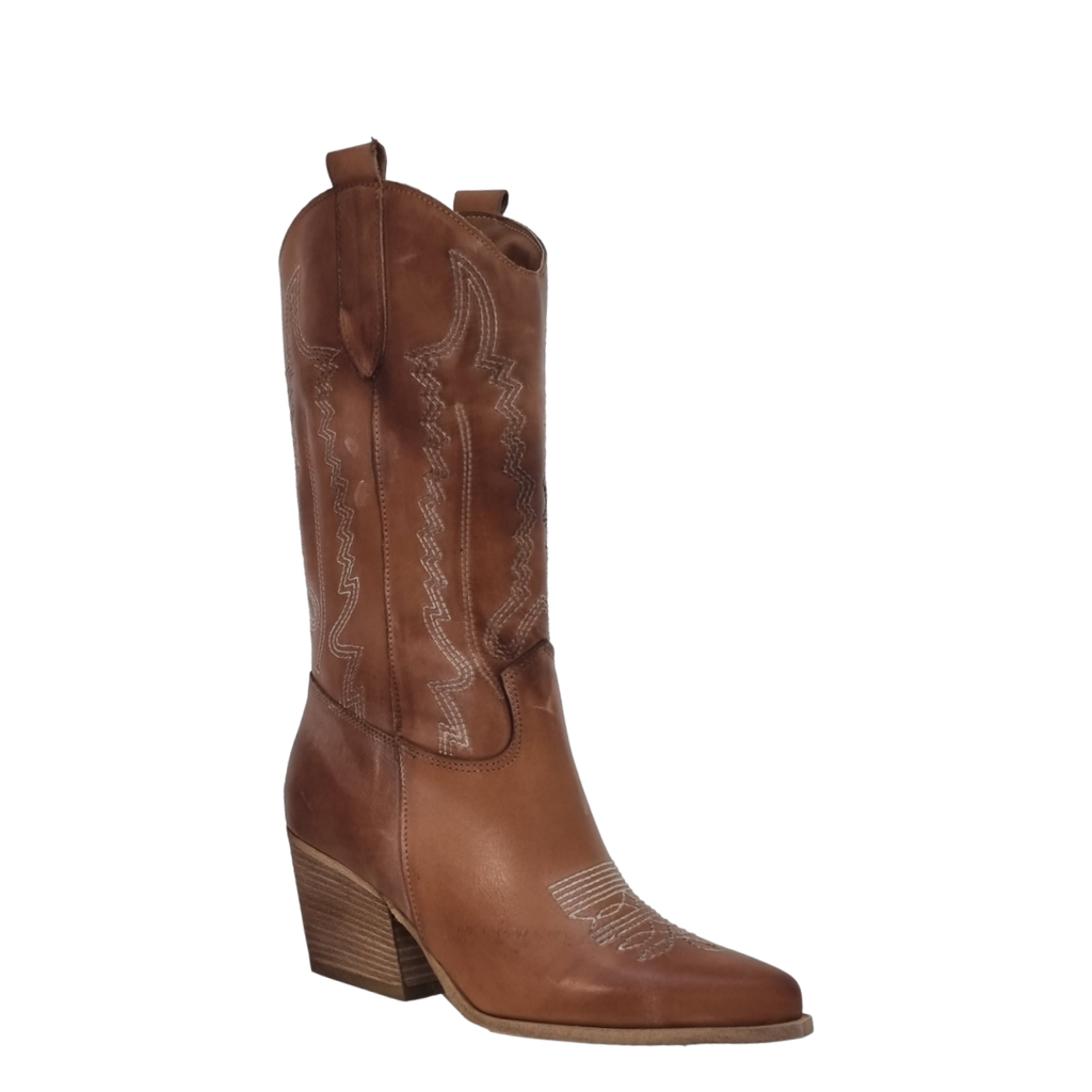 Stivali texani con tacco e ricami in pelle cuoio vintage F/W
