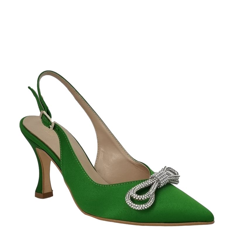 Décolleté chanel raso verde con fiocco strass