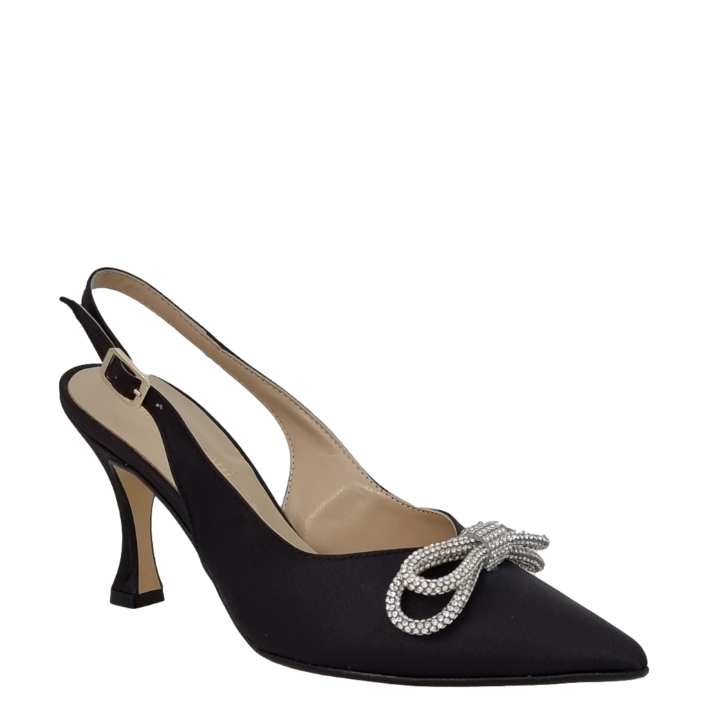 Décolleté chanel raso nero con fiocco strass