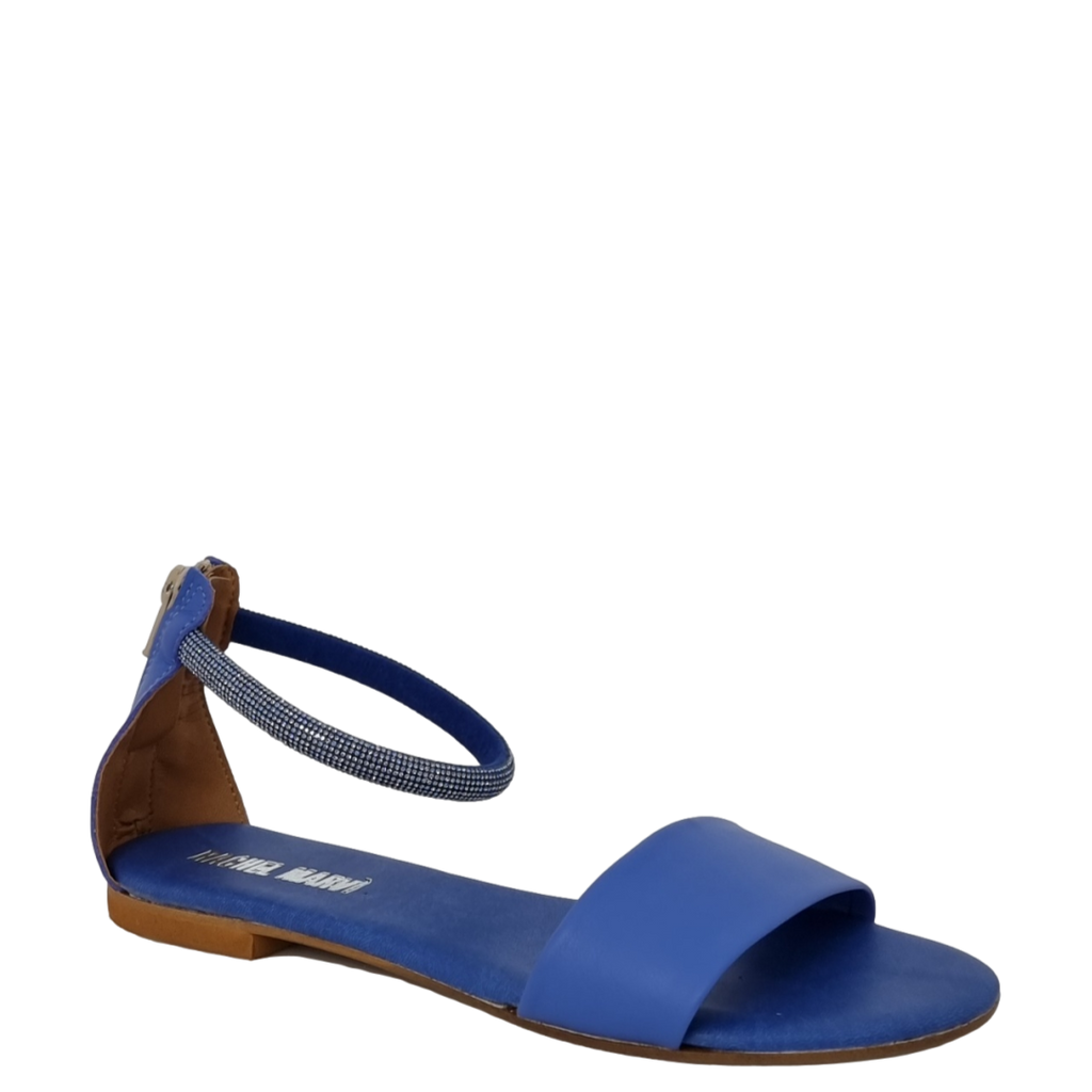 Sandali bassi pelle bluette con cinturino strass alla caviglia