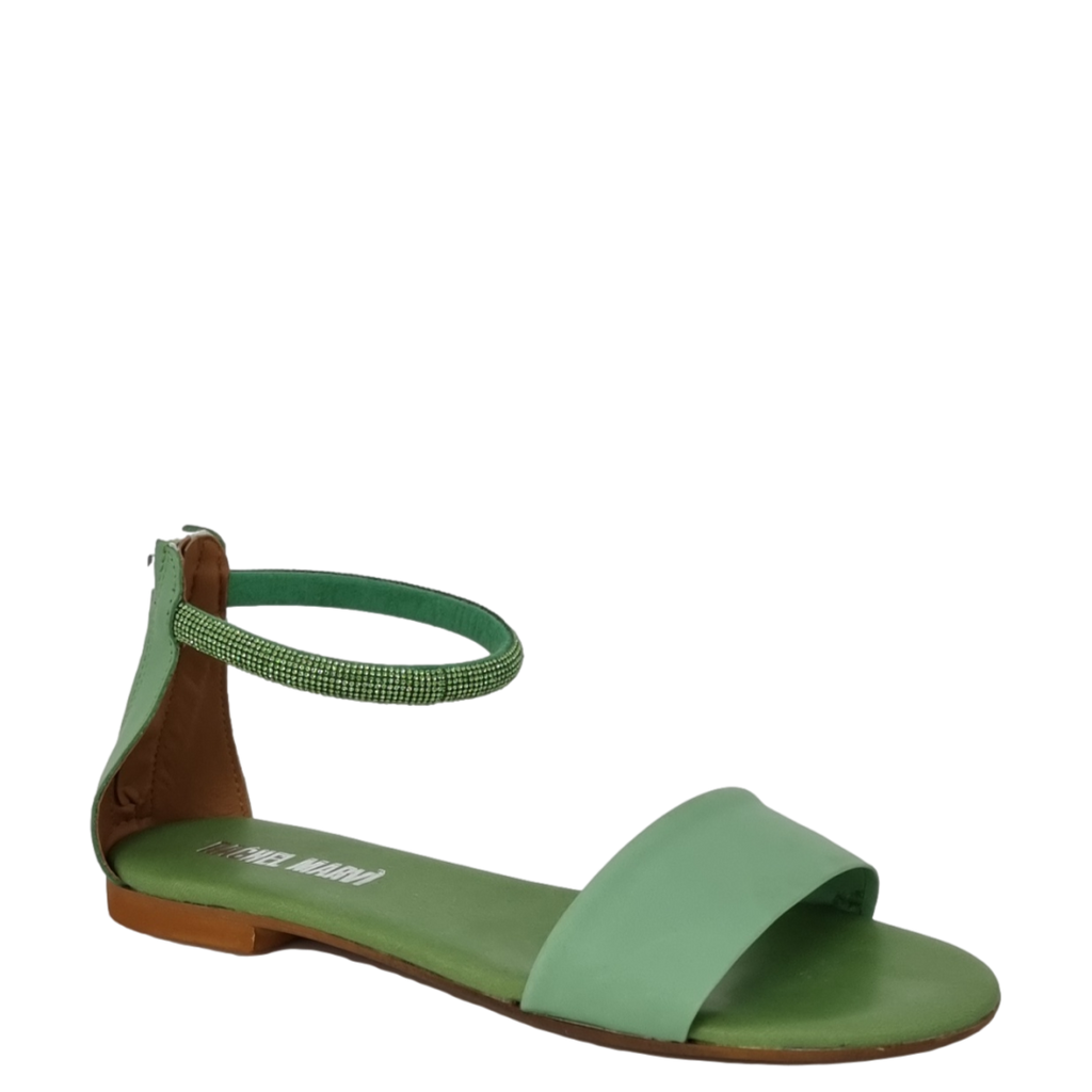 Sandali bassi pelle verde con cinturino strass alla caviglia