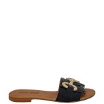 Ciabattine con frange e accessorio oro in pelle nero