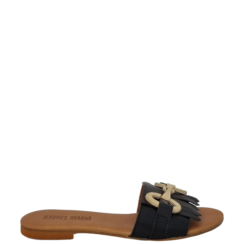 Ciabattine con frange e accessorio oro in pelle nero