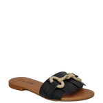Ciabattine con frange e accessorio oro in pelle nero