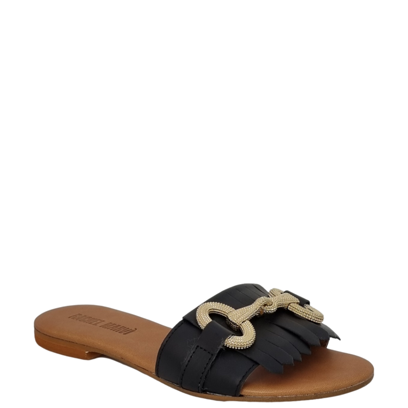 Ciabattine con frange e accessorio oro in pelle nero